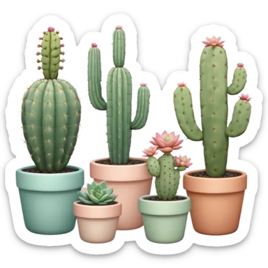 Ceramic pots in pastel colors, tall and short, round and square, containing desert cactus plants, hanging cacti, flowering cacti, echeveria succulents, and sedum succulents, placed in a row on the floor, white background sticker
