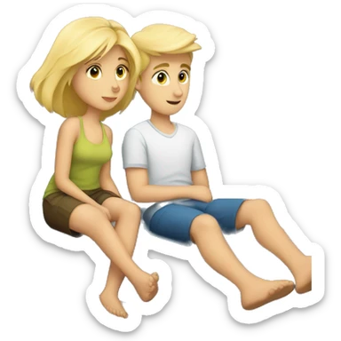 A boy and a blond girl layed down in sofa watching tv sticker