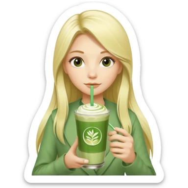 blonde luxury long hair girl with 1 drink of matcha latte and two straws sticker