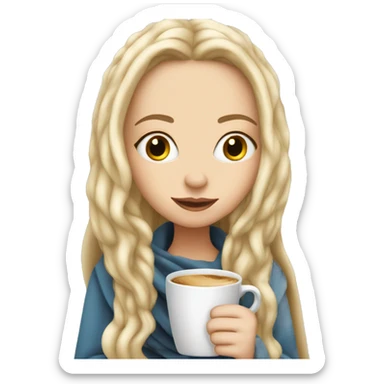 A pretty white girl with very long blond hair in a blanket sipping coffee sticker