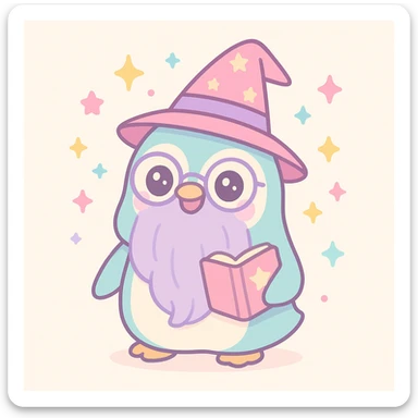 a cartoon penguin wizard with glasses, a long beard, and a spellbook, surrounded by magical effects sticker