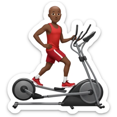 dark skin bald African American man on elliptical machine with red tank shirt and black shorts sticker