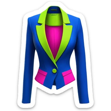 Realistic isolated long cobalt blue and hot pink open fashion blazer jacket with lime green Bustier underneath it. sticker