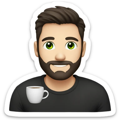 Handsome man with dark hair, holding an cup of coffee, gradient short hair on the side, green eyes. Thin face. Black t-shirt. A little beard. sticker