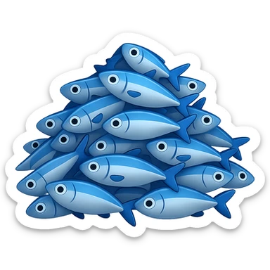 Create a large, loosely pyramid-shaped pile of blue fish in the style of iPhone Apple emojis, blending between 2D and 3D appearance, with a transparent background, variation 3. sticker