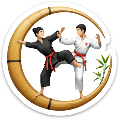 An icon symbolizing Eastern martial arts in the style of an emblem, featuring a black-and-white Yin-Yang symbol at the center. A martial artist is performing a fluid kick, surrounded by elements like a dojo and bamboo. Transparent background highlights balance and harmony. sticker