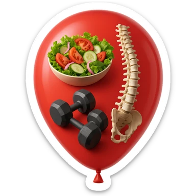 palloncino rosso con all'interno insalata, manubri da palestra e una spina dorsale anatomica realistica in 3d, isolato su sfondo bianco sticker