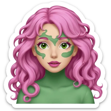pink haired very long curly haired woman with full full face green clay mask sticker