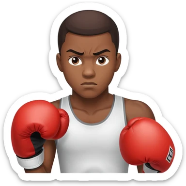 Close-up of a 19-year-old Black male boxer's face, determined expression, boxing gloves visible at the bottom of frame sticker
