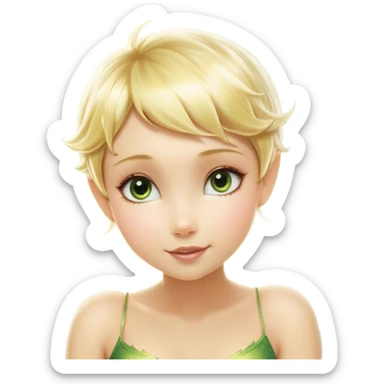 Cinematic Realistic Blonde Tinker Bell Fairy Portrait, depicted with lifelike, delicate skin glowing with a subtle radiant aura, soft natural lighting accentuating her gentle features, and intricately detailed golden blonde hair styled in a whimsical pixie cut. Her iridescent, translucent wings shimmer with delicate fairy dust, and her expressive, sparkling eyes reflect a world of magic. Adorned in a subtle blend of woodland greens and soft pastel accents, the portrait exudes an enchanting glow that seamlessly merges realism with fairy charm. sticker