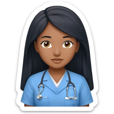 pretty brown skin nurse with long black hair and thin brown eyes in light blue scrubs sticker