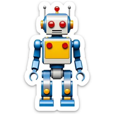 A big photorealistic icon featuring a detailed robot figure built from LEGO bricks, with intricate parts and colorful pieces. The design includes the LEGO logo subtly visible, with a focus on the craftsmanship and creativity of the build. Transparent background. sticker
