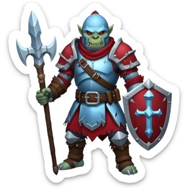 
Fantasy Christmas orc legion soldier icon, iron tundra army theme, heavy winter armor, disciplined brutal look, icy blue steel armor with deep crimson accents, frozen metal texture, cold winter atmosphere, clean readable emoji style
 sticker