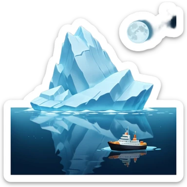 A 3D iceberg in Apple Memoji style, no face, smooth and glossy, floating in dark ocean at night, soft moonlight, subtle reflections, minimal style. A tiny ship in the distance approaching. Pixar-style render, cinematic and clean.
 sticker