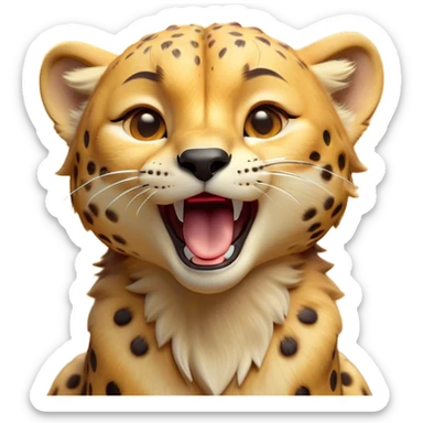 Cinematic Cute Yawning Cheetah Portrait Emoji, Head tilted slightly with a dramatic, wide-open yawn, showcasing a soft, sleek golden Fur with distinctive spots and floppy ears slightly drooping, round amber eyes barely open in drowsy contentment, Simplified yet irresistibly adorable features, highly detailed, glowing with a soft, cozy glow, high shine, relaxed yet expressive, stylized with a touch of savannah whimsy, bright and endearing, soft glowing outline, capturing the essence of a sleepy yet affectionate cheetah, so drowsy it feels like it could stretch right out of the screen and curl up for a nap! sticker