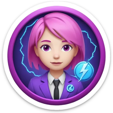 Cute 3D emoji-style girl sexy character with pink hair and purple eyes, inside a circular badge. No hands, no pose. Clean purple suit with a glowing neon-blue ‘C’ logo on the chest, small lightning accent. Smooth Apple-style lighting, friendly expression sticker