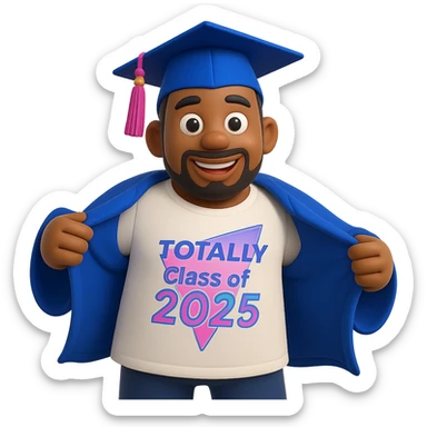 Add a very thin beard and mustache to the cool emoji based on the person in the reference photo, wearing a graduation outfit, 3D cartoon style. Make the background transparent. The style should resemble a 3D cartoon look with a graduation outfit as shown in the reference. sticker