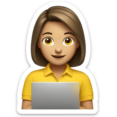 A girl with brown hair and a bob hairstyle in a yellow polo with a laptop winks and smiles. sticker