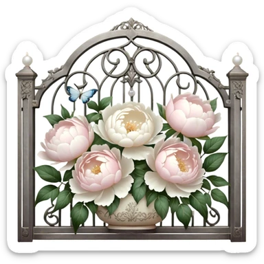 A nostalgic vintage garden scene where sunlight filters through an ornate iron gate, illuminating a delicate bouquet of white peonies and pale pink roses arranged in an ivory ceramic vase, with shimmering pearl butterflies resting on the petals.
 sticker