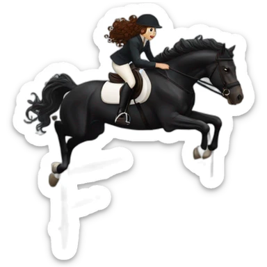 a  JET BLACK HORSE JUMPING AN OBTACLE, tHE HORSES RIDER IS A YOUNG FEMALE WITH LONG CURLY BRUNNET HAIR OF A REDDISH HUE sticker