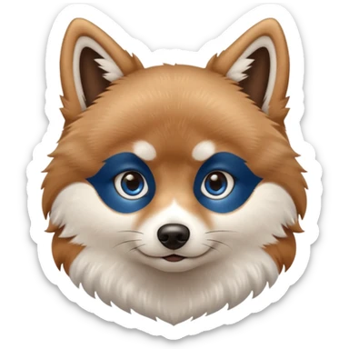 A Brown, light tan and white pomsky with one brown eye and one blue eye sticker