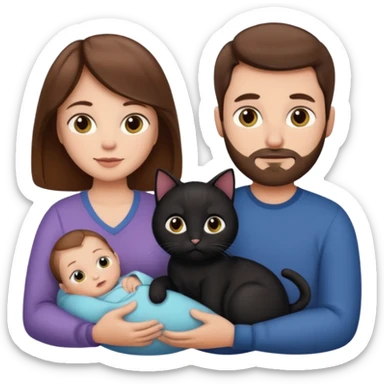 1 mom brown hair, 1 dad NO beard, 1 baby and 1 black cat sticker