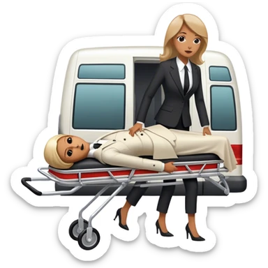Woman in a suit pushing a stretcher with a dead body on it in to a funeral van  sticker