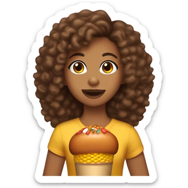 Girl with brown curly hair and olive skin tone and hazel eyes eating a corn dog sticker