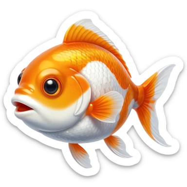 Cinematic Cute Orange and White Goldfish Portrait Emoji, Head tilted playfully and inquisitively, featuring a glossy, vibrant body adorned with a striking mix of orange and white, round, sparkling golden eyes filled with curiosity, Simplified yet irresistibly adorable features, highly detailed, glowing with a warm, friendly glow, high shine, affectionate and lively, stylized with a touch of whimsy, bright and endearing, soft glowing outline, capturing the essence of a mischievous yet loving goldfish, so playful it feels like it could swim out of the screen and into your heart! sticker