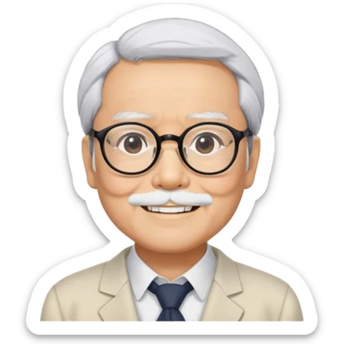 ​Cinematic Realistic Portrait of Hayao Miyazaki, depicted with defined black eyebrows, and large rectangular glasses, his happy expression rendered in lifelike detail, illuminated with soft, realistic lighting that emphasizes his creative genius, sticker