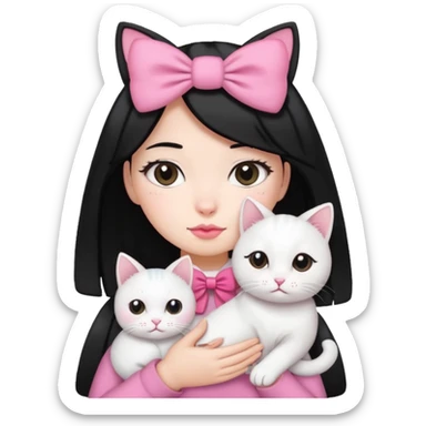 A gurl black hair with pink bow holding one white cat sticker