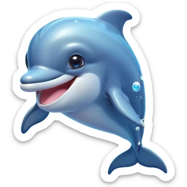 Cinematic Cheeky Dolphin Portrait Emoji, With a playful tilt of its head and a mischievous sparkle in its eyes, showcasing a sleek, shiny body accented by a quirky, animated smile and a cheeky wink, Simplified yet hilariously endearing features, highly detailed, glowing with a vibrant, sassy aquatic glow, high shine, spirited and fun, stylized with an air of quirky marine mischief, soft glowing outline, capturing the essence of a super cute dolphin that looks ready to splash its way into viral fame with playful charm! sticker