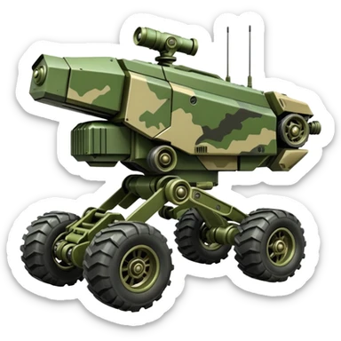 a 4-wheel armored camouflage army massive mech trail vehicle shooting forward side-hill leaning actively suspended pod gimbal enemy mech off-road racing rover with large fast engine  sticker