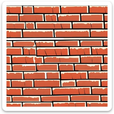 close-up of a brick wall with red and brown bricks, visible mortar, rough texture, slight weathering, cracks in cartoonish sticker style sticker