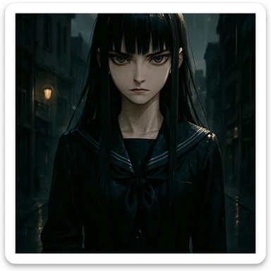 ultra-detailed anime girl with long straight black hair, sharp bangs, pale skin, amber green eyes, cold intense gaze, standing in the rain, cinematic lighting, wet dark school uniform, gloves, noir urban background, moody anime style, gothic shoujo, dramatic shadows sticker
