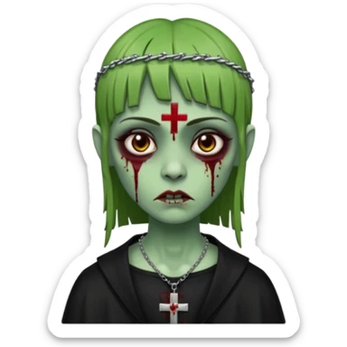 Zumbi verde com olhos castanhos aspecto de que tá sangrando, uma franja reta um piercing do lado esquerdo do nariz, roupa preta e crucifixo como colar, e também delineador sticker