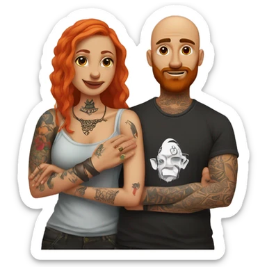 Indian Beard guy with bald head and tattoos only on left hand hugging a ginger hair Croatian girl with septum ring and tattoos on right hand  sticker