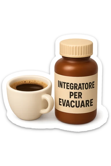 EMOJI STILE IPHONE 3D DI un caffè e di una boccetta di integratore con la scritta "INTEGRATORE PER EVACUARE" SULL'ETICHETTA, iperrealistico 4k sticker