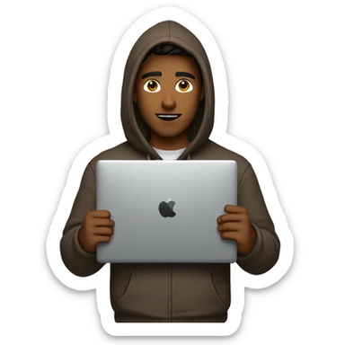 Brown guy wearing a hoodie with a specifically a wolf cut holding a laptop sticker