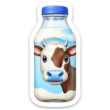 A 3D cartoon glass bottle of cow’s milk — white liquid, blue cap, clear reflections, Memoji-style rendering. sticker