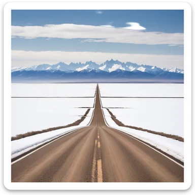A long STRAIGHT dirt road that disappears into the horizon half way up the screen from the perspective of someone sitting in the middle of the road looking down it. Flat snow fields on both sides of the road with huge looming mountains above the roads horizon line.  sticker