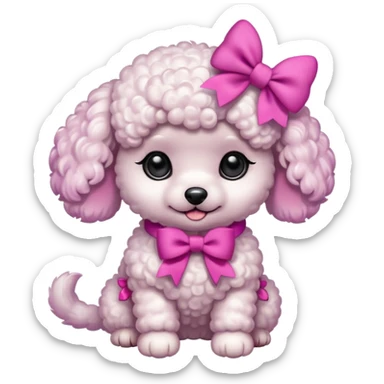Two white toy poodle–style dogs, fluffy curly fur, round faces, black button eyes. Hot-pink paws, purple-dyed ear tips. One taller dog standing upright wearing a large pastel pink bow, one smaller round dog sitting. Cute plush emoji style. sticker