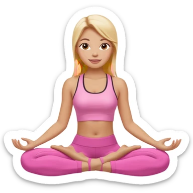 Mujer color de piel moreno claro con cabello rubio suelto y lacio y largo, que tenga gloss en los labios y se vea usando Blush rosita, usando un top rosa deportivo y leggins deportivo rosa en una pose de yoga sentada, viendo hacia enfrente con ojos negros y sonriendo sin mostrar los dientes sticker