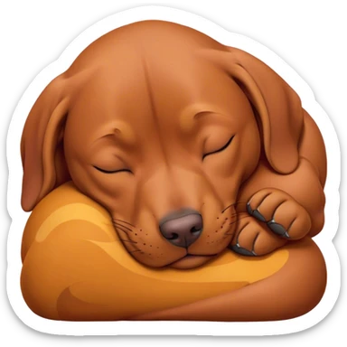 Meme-Worthy Cute Sleeping Vizsla Portrait Emoji, Head resting peacefully with a contented smile, showcasing a sleek, athletic build and a luxuriously soft rust and gold Fur, eyes shut in a serene nap, Simplified yet hilariously adorable features, highly detailed, glowing with a soft, drowsy light, high shine, relaxed and utterly lovable, stylized with an air of playful laziness, bright and heartwarming, soft glowing outline, capturing the essence of a comically sleepy companion, so meme-worthy it feels like it could instantly become the next viral sensation of adorable slumber! sticker