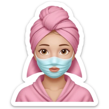 Clean girl influencer character, chest-up portrait, wearing a pink towel wrapped around the head, facial skincare mask on face, relaxed confident expression, soft glow skin, minimal chic aesthetic, subtle beauty accessories, calm self-care vibe sticker