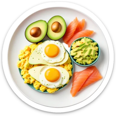 Breakfast plate with sliced avocado, scrambled-eggs and smoked salmon sticker
