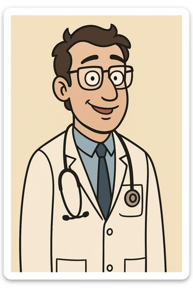 doctor, medical professional, stethoscope, friendly expression, white coat, cartoon style sticker