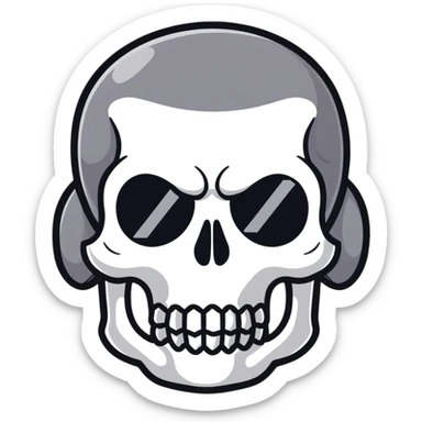 man with oval-shaped flat-top head wearing a black shirt with a gray skull on the front sticker