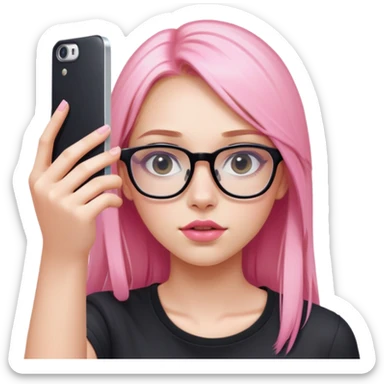 A teenage girl taking a selfie in a school bathroom. She has long, straight blonde and pink-dyed hair, wears rectangular glasses and a black shirt. Her expression is neutral with glossy lips sticker