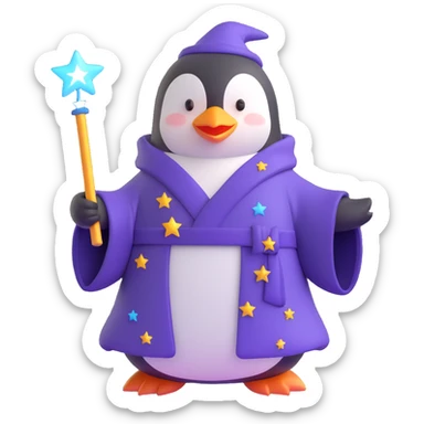 penguin wizard with a starry robe and a glowing wand sticker